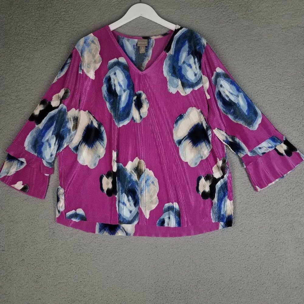 Chico's Blouse Women's 4/ XXL Pink Floral Ribbed Shiny V-Neck Career Travel